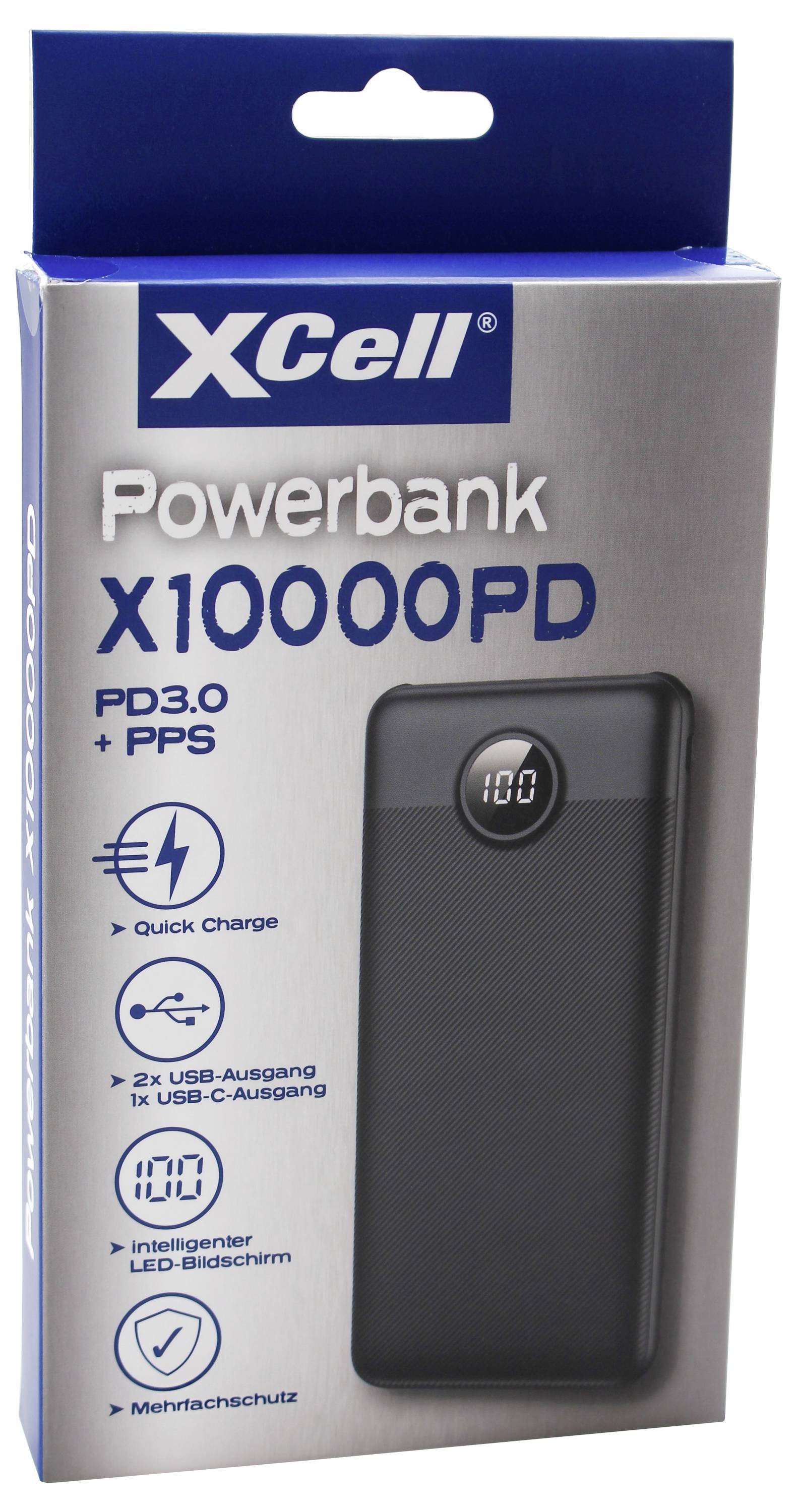'XCell Powerbank X10000PD' förpackning som visar en svart powerbank med en digital skärm. Funktionerna inkluderar snabbladdning och flera säkerhetsskydd.
