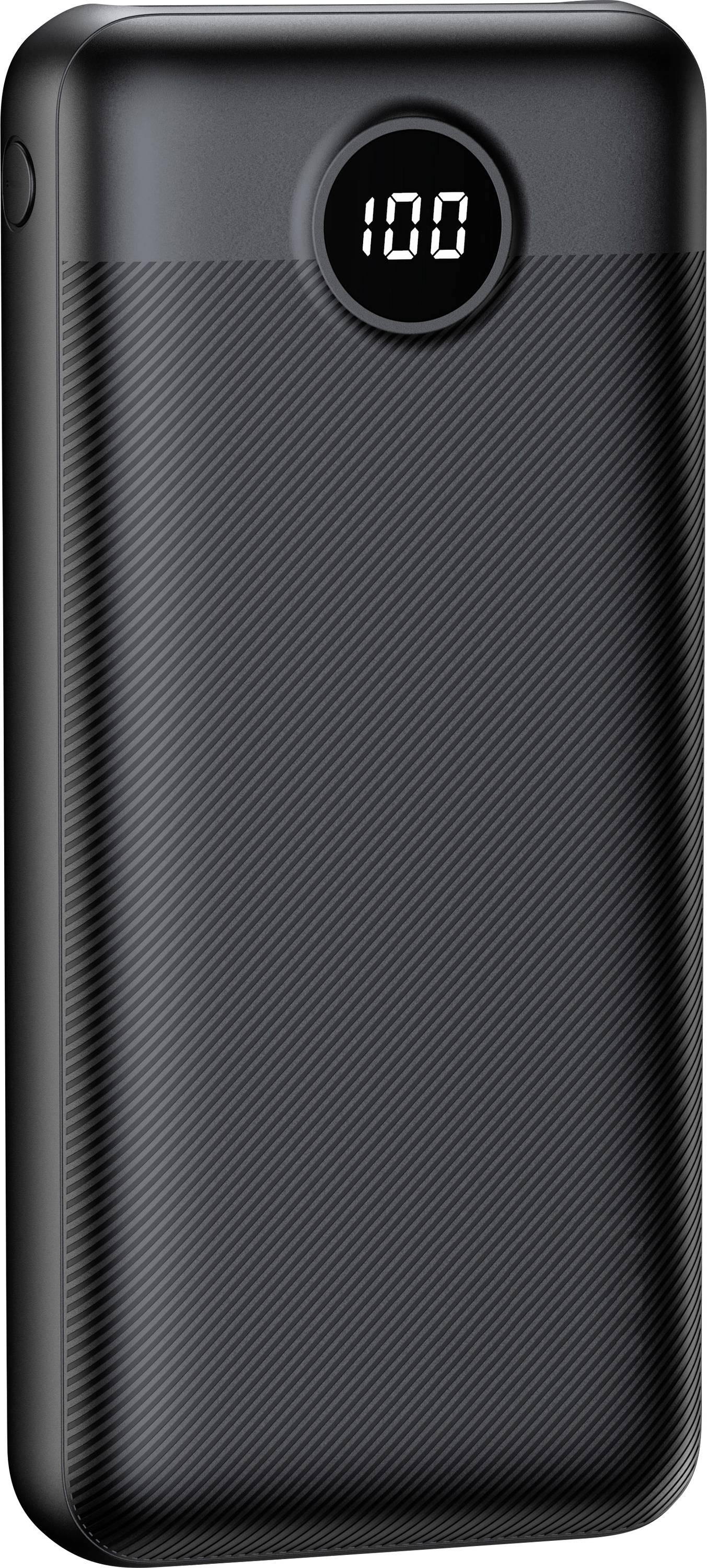 En svart bärbar powerbank med en digital display som visar "100" och indikerar full laddning.