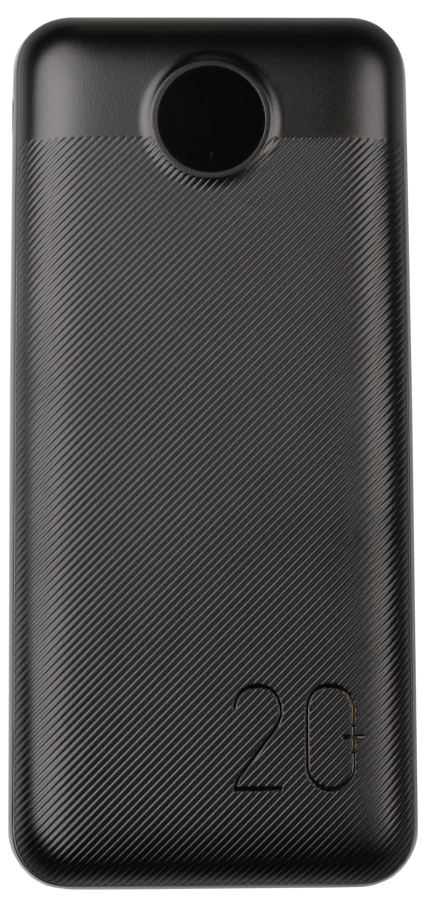 Svart rektangulär powerbank med texturerad yta och '20+' märkning, utrustad med en cirkelformad strömknapp längst upp.