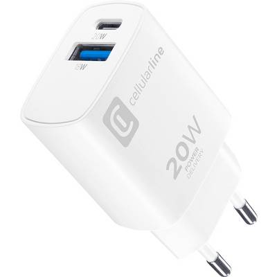 En vit 20W strömadapter med "Cellularline"-märkning, utrustad med en USB-C-port och en USB-A-port, utformad för laddning av elektroniska enheter.