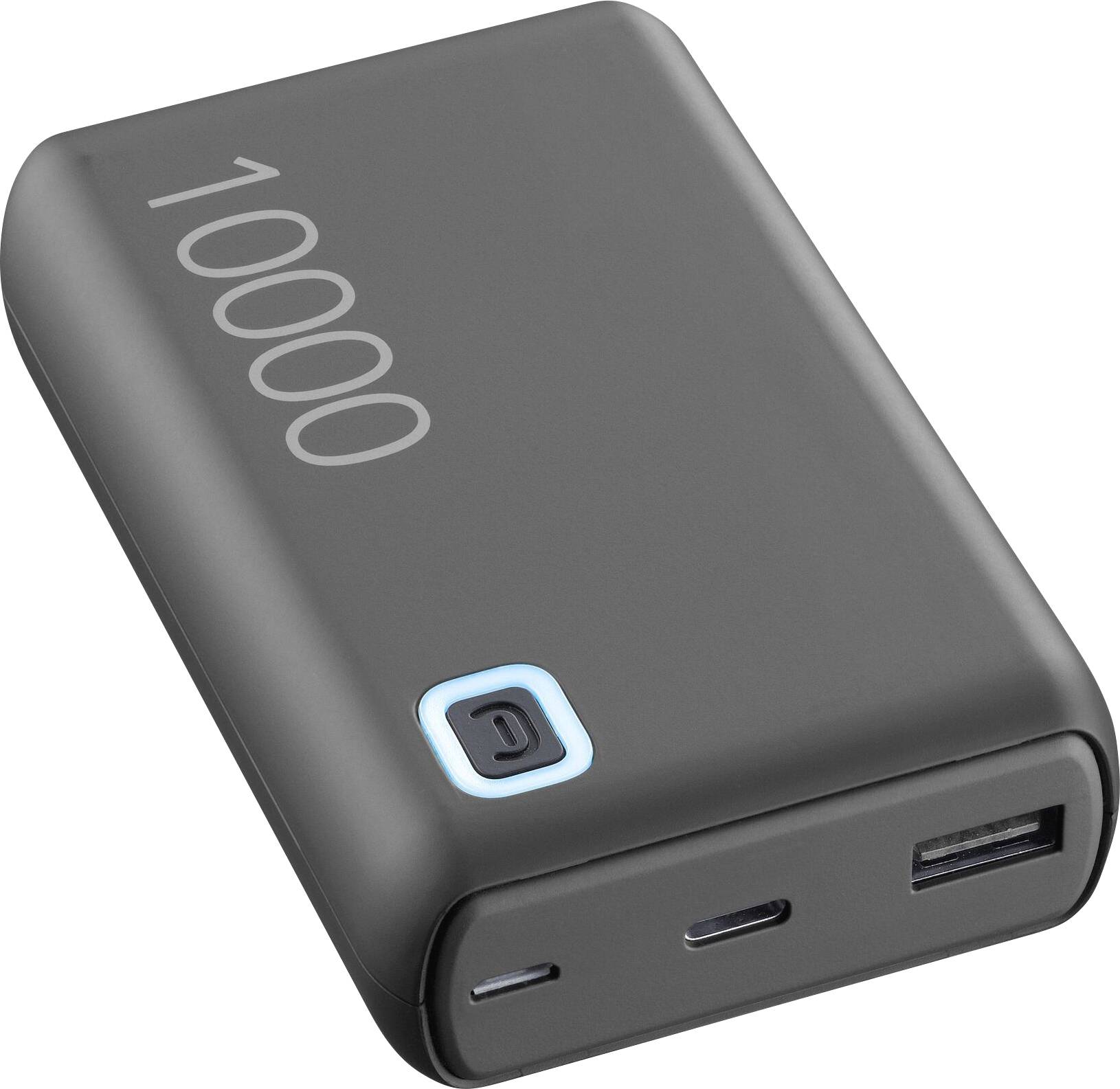 En grå 10000mAh bärbar powerbank med en USB-port, USB-C-port och en strömknapp med ljusindikator.