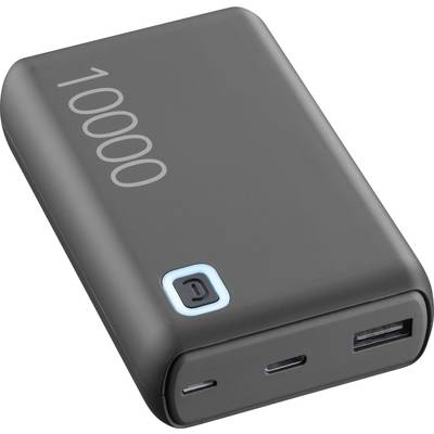 En grå 10000mAh bärbar powerbank med en USB-port, USB-C-port och en strömknapp med ljusindikator.