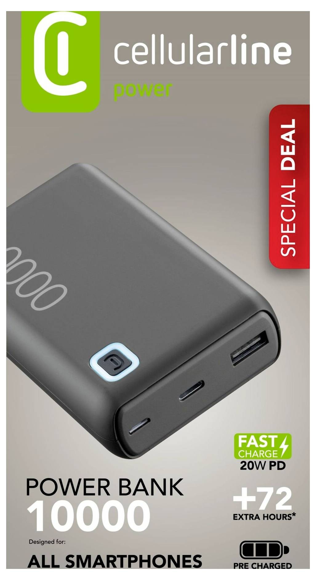 Cellularline 10 000 mAh powerbank för alla smartphones, snabbladdning 20W PD, ger +72 extra timmar. Specialerbjudande markerat i rött.