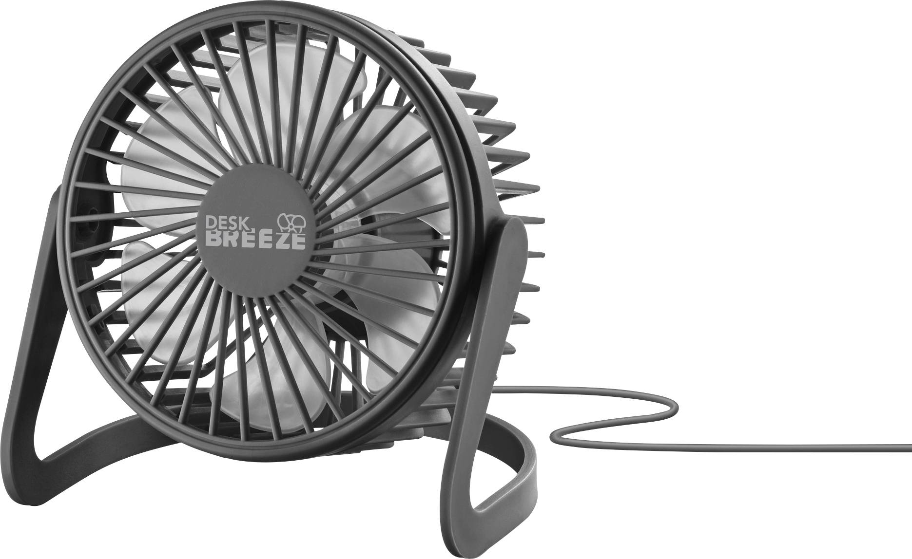 En liten, rund skrivbordsfläkt märkt "Desk Breeze" med ett nätgaller, fyra blad och en strömkabel, utformad för personlig kylning.