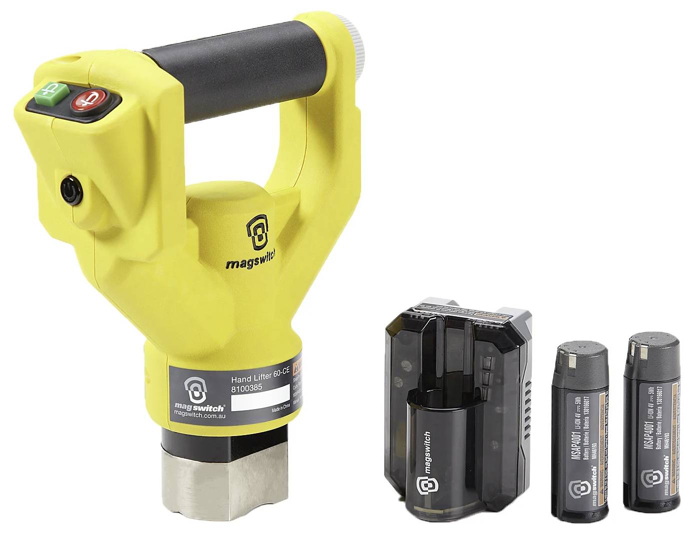'Magnetech' handlyft i gult med ett svart handtag, åtföljd av två batterier och en laddare.