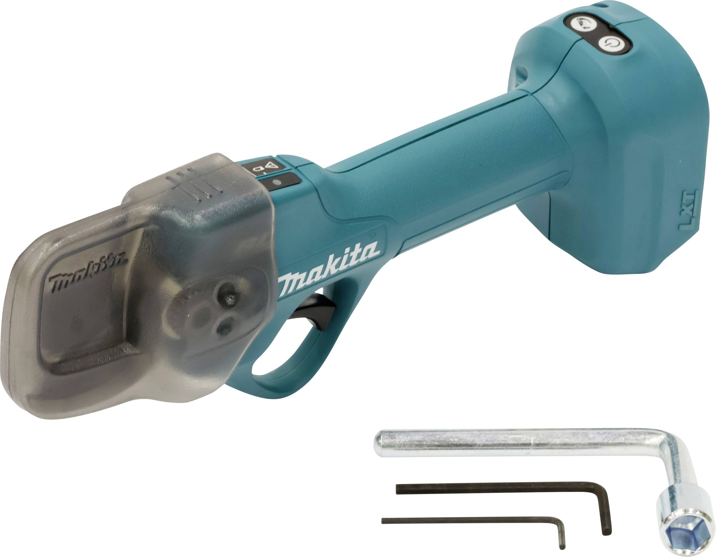 "Makita"-sladdlöst verktyg med skyddskåpa, två sexkantsnyckar och en gaffelnyckel nedanför, på vit bakgrund.