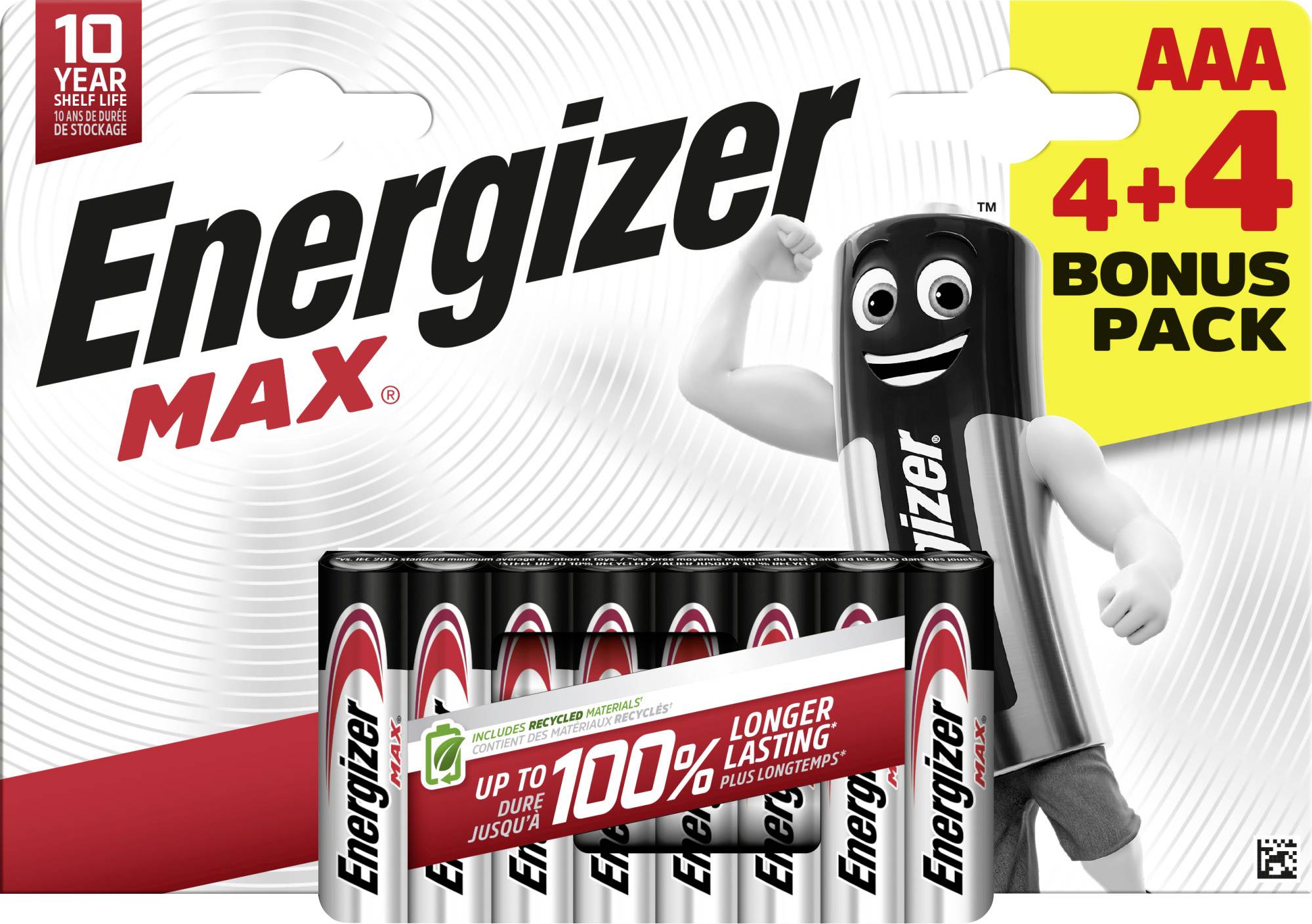 Energizer Max AAA 4+4 Bonuspack Batterieförpackning med tecknad batterimaskot. Lovar upp till 100 % längre livslängd.