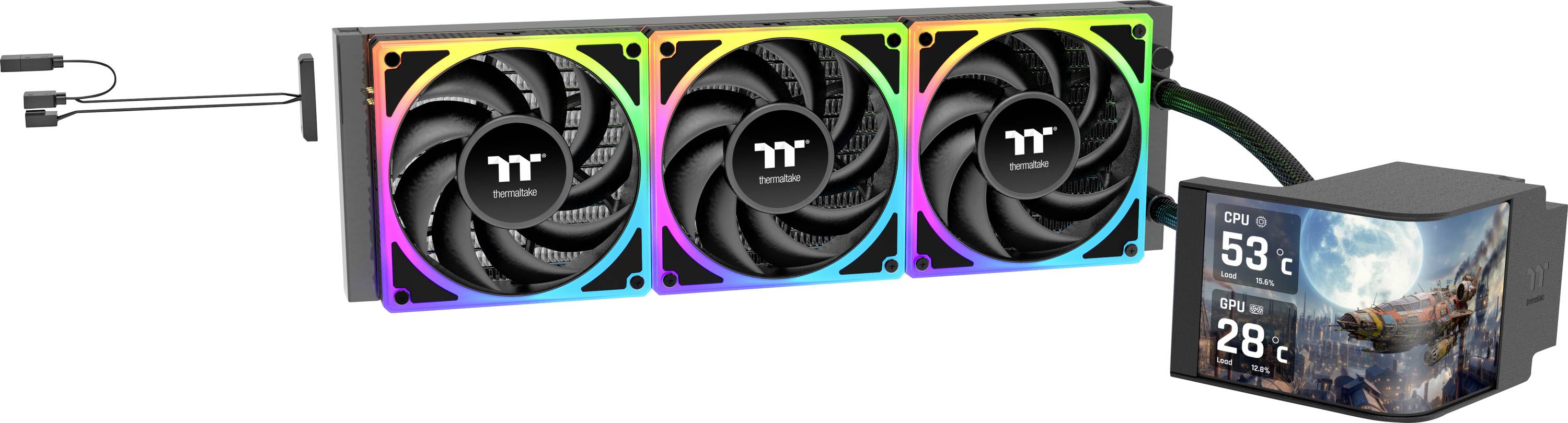 'RGB-kylsystem med tre fläktar, LED-belysning och en display som visar CPU-temperatur på 53°C och GPU-temperatur på 28°C.'