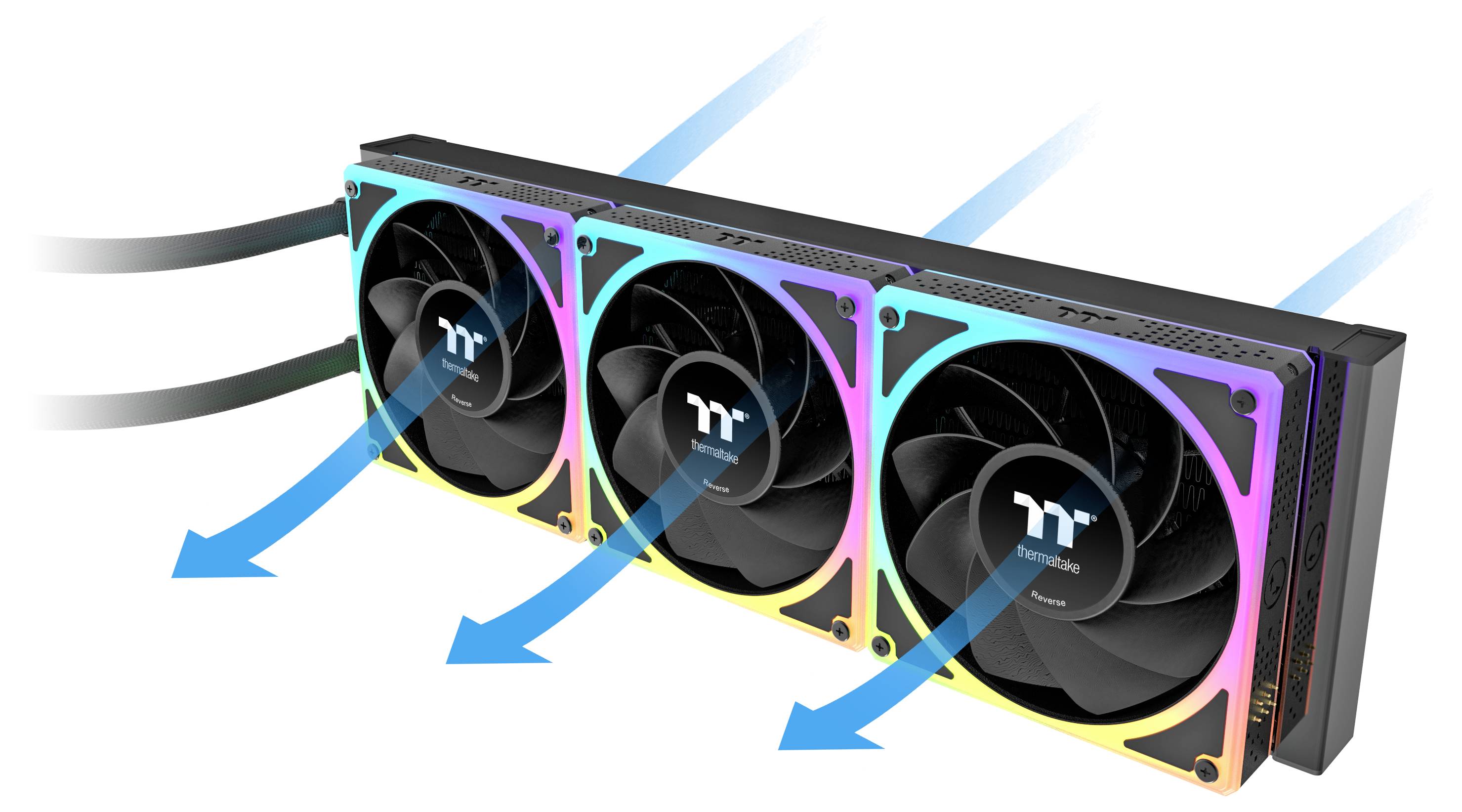 Datorkylsystem med tre RGB-fläktar och pilar som anger luftflödesriktning, som visar värmeavledningsfunktionalitet.