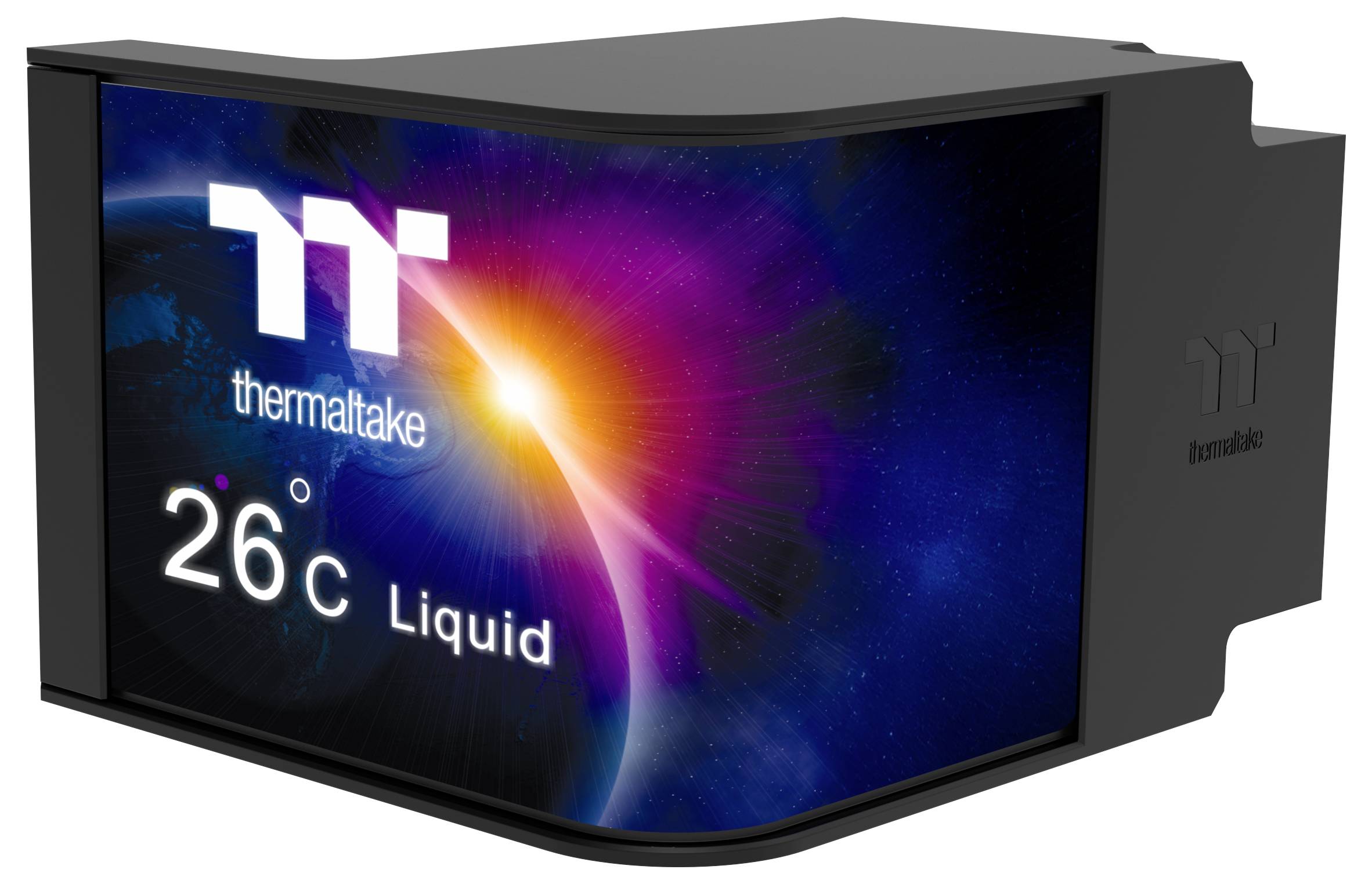 'TT thermaltake' display som visar '26°C Vätska' temperatur, med en kosmisk bakgrund.