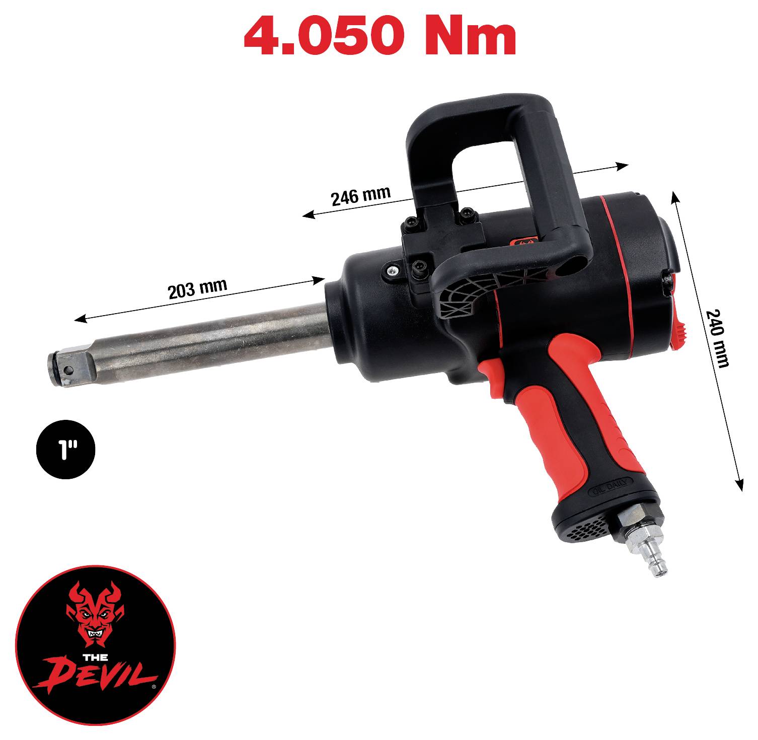 "Djävulen" pneumatisk slagmuttertdragare, 4.050 Nm vridmoment, 1-tums drivning, 246 mm längd, 240 mm höjd, visad i sidovy med dimensioner.