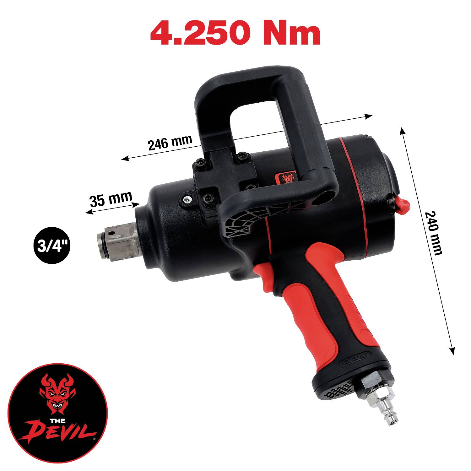 En pneumatisk slagmuterdragare märkt 'The Devil' med 3/4 tums fyrkantfäste, 4250 Nm vridmoment och dimensioner på 246 mm längd och 240 mm höjd.