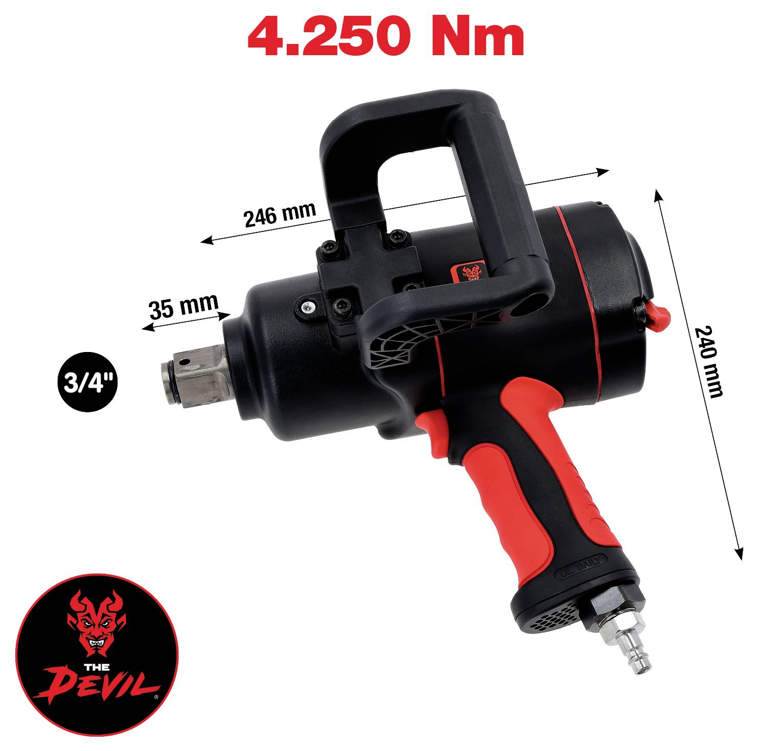 Slagmuterdragare i svart och rött märkt 'The Devil'. Vridmoment: 4 250 Nm. Dimensioner: 246 mm längd, 240 mm höjd, 3/4 tums fyrkantfäste.
