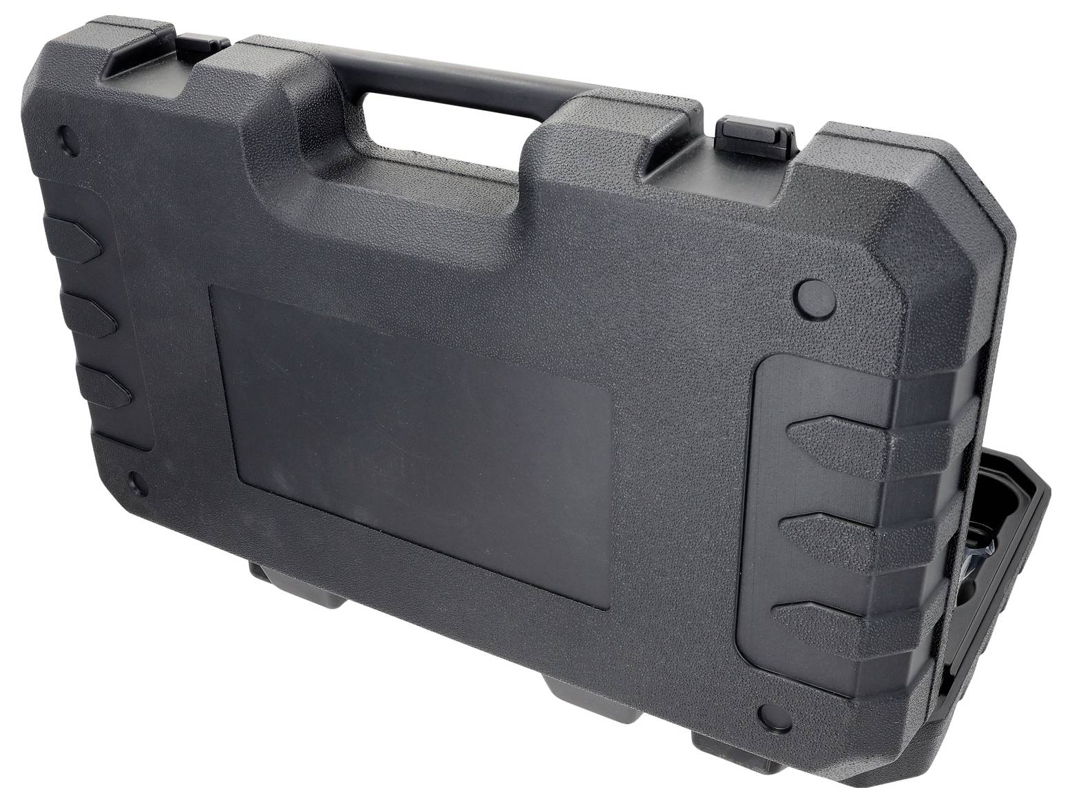 En robust svart plastbärväska med handtag, konstruerad för säker transport och skydd av verktyg eller utrustning.