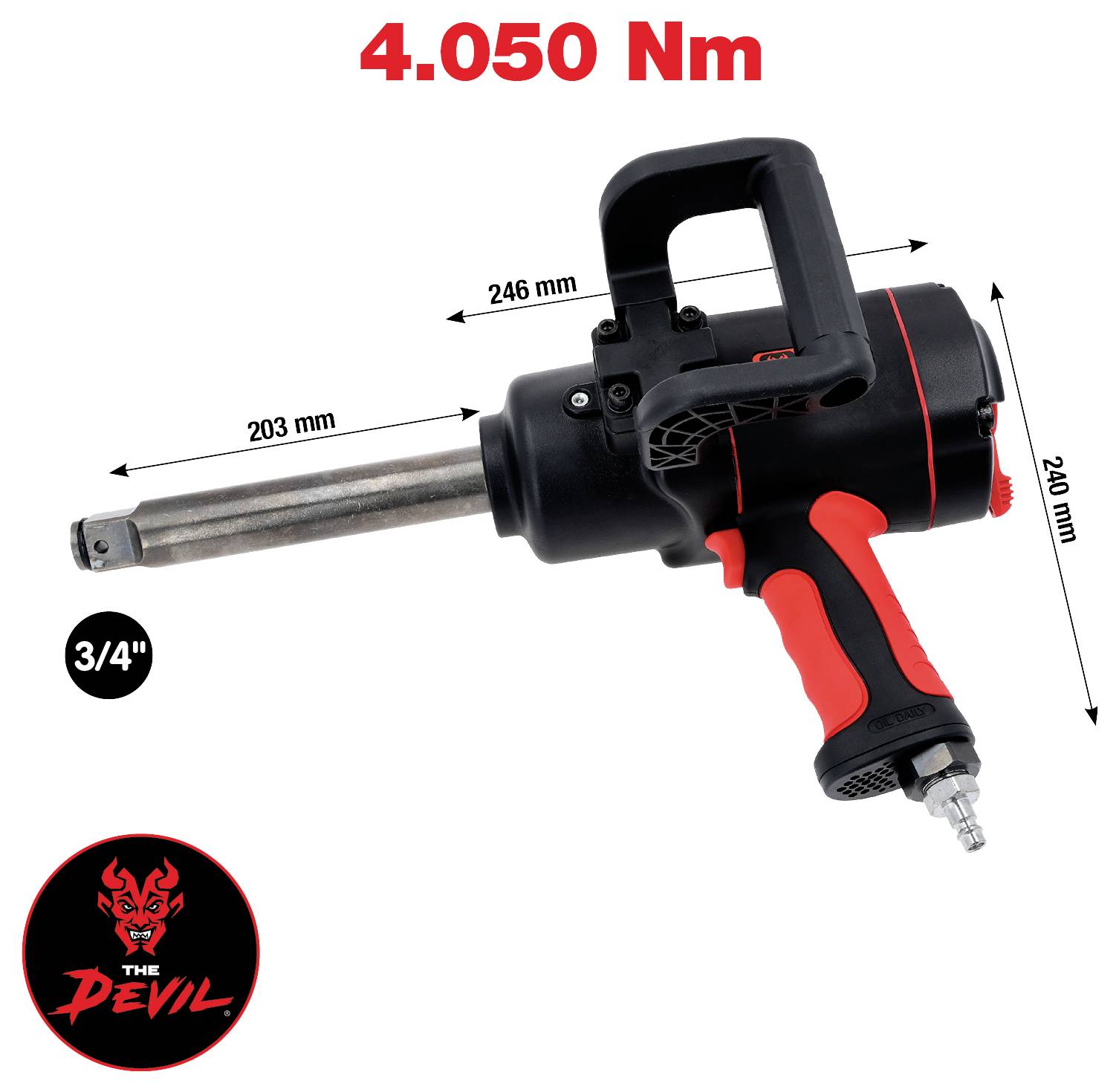 Bild av en pneumatisk slagmutterdragnyckel märkt '4.050 Nm'. Dimensioner: 246 mm längd, 240 mm höjd, 203 mm handtag. Logotyp: 'The Devil'.
