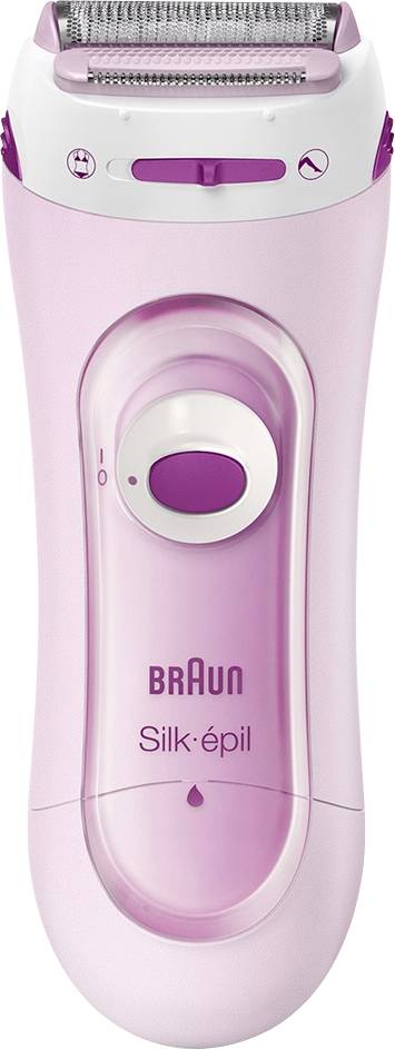 En rosa elektrisk rakapparat med varumärkesnamnet 'Braun Silk-épil' på den, utrustad med en vit cirkelformad strömknapp och reglage på framsidan.