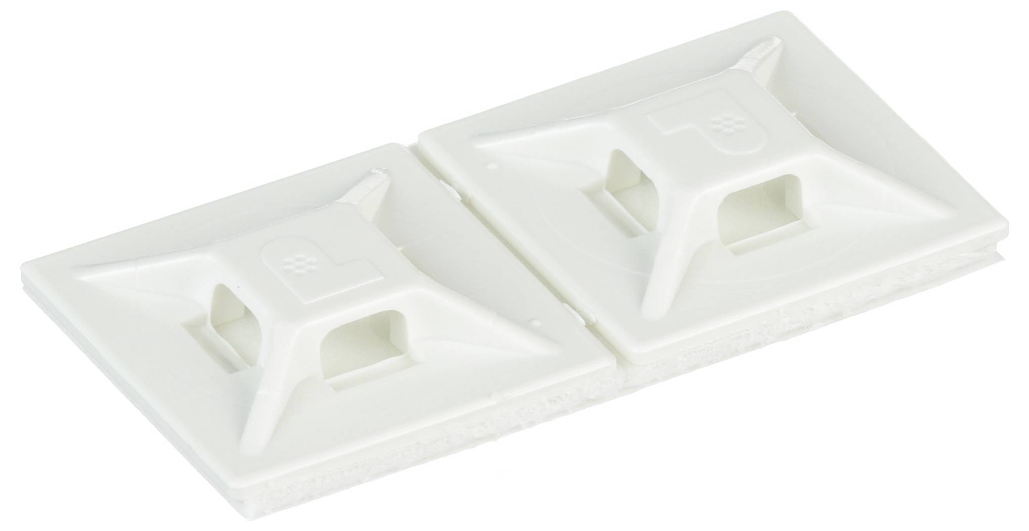 Två vita plastfästen för kabelbindare med häftande baksida, avsedda för att fästa kablar på ytor.