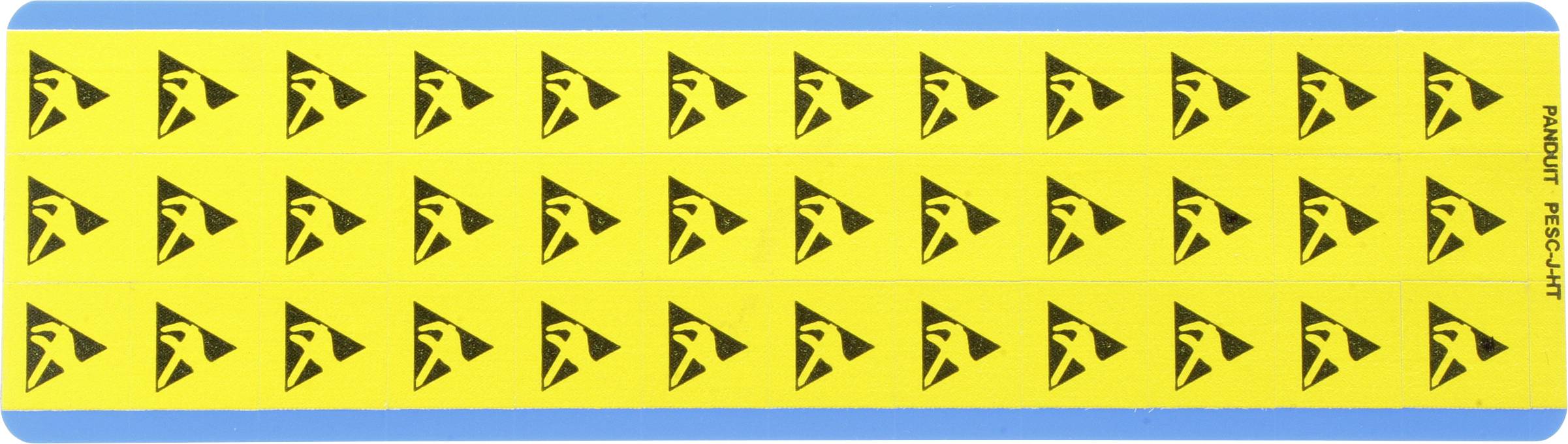 Ett rektangulärt föremål med en blå kant och ett gult fält som visar upprepande triangulära svarta designmönster.