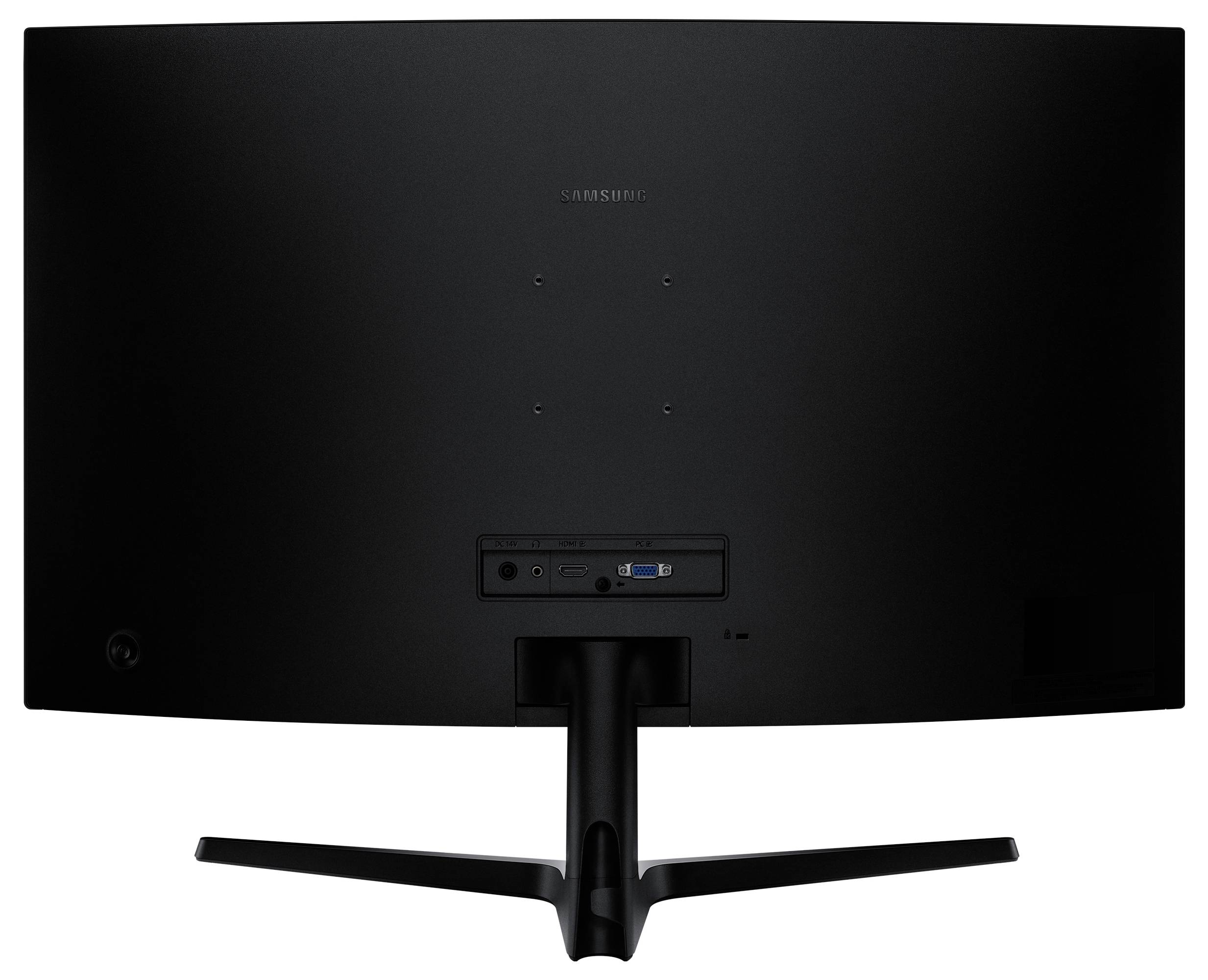 Baksidan av en böjd skärm med ett stativ, utrustad med strömingång och VGA-port, avsedd för skrivbordsanvändning.