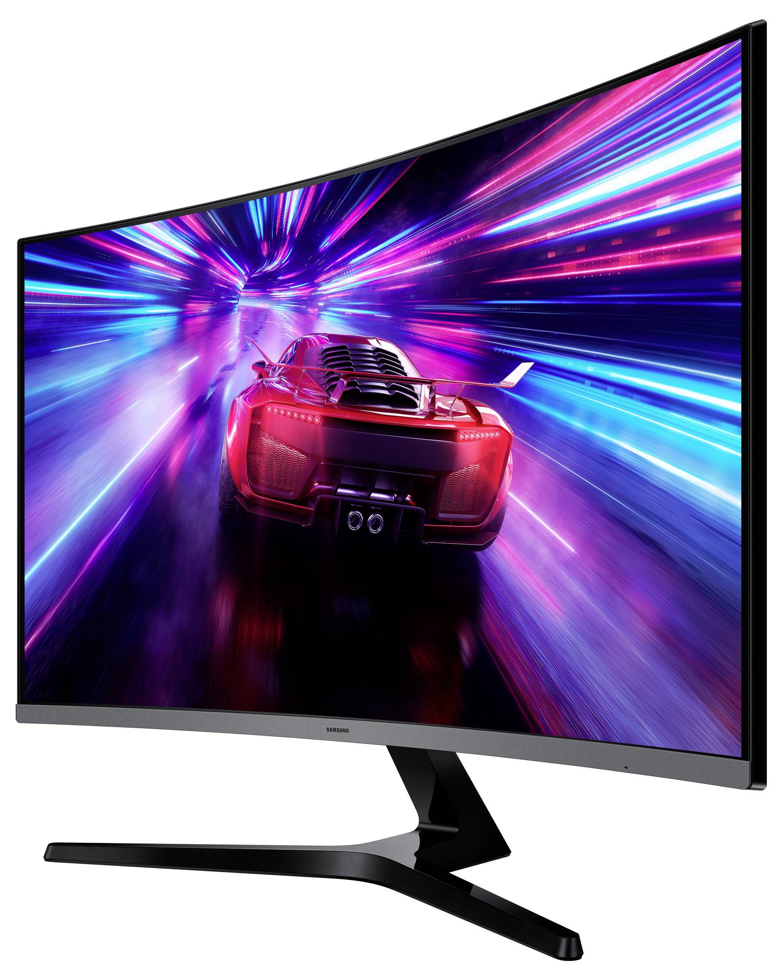 En böjd datorskärm som visar ett dynamiskt racingspel med en röd sportbil som far genom en tunnel av färggranna neonljus.