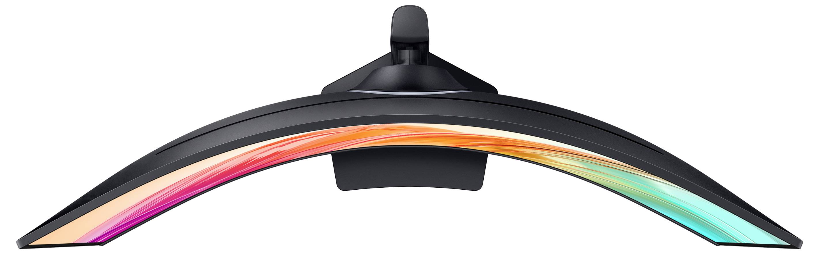 En böjd skärm sedd ovanifrån, som visar en färgrik gradient på skärmen med ett slimmat, svart stativ synligt i bakgrunden.