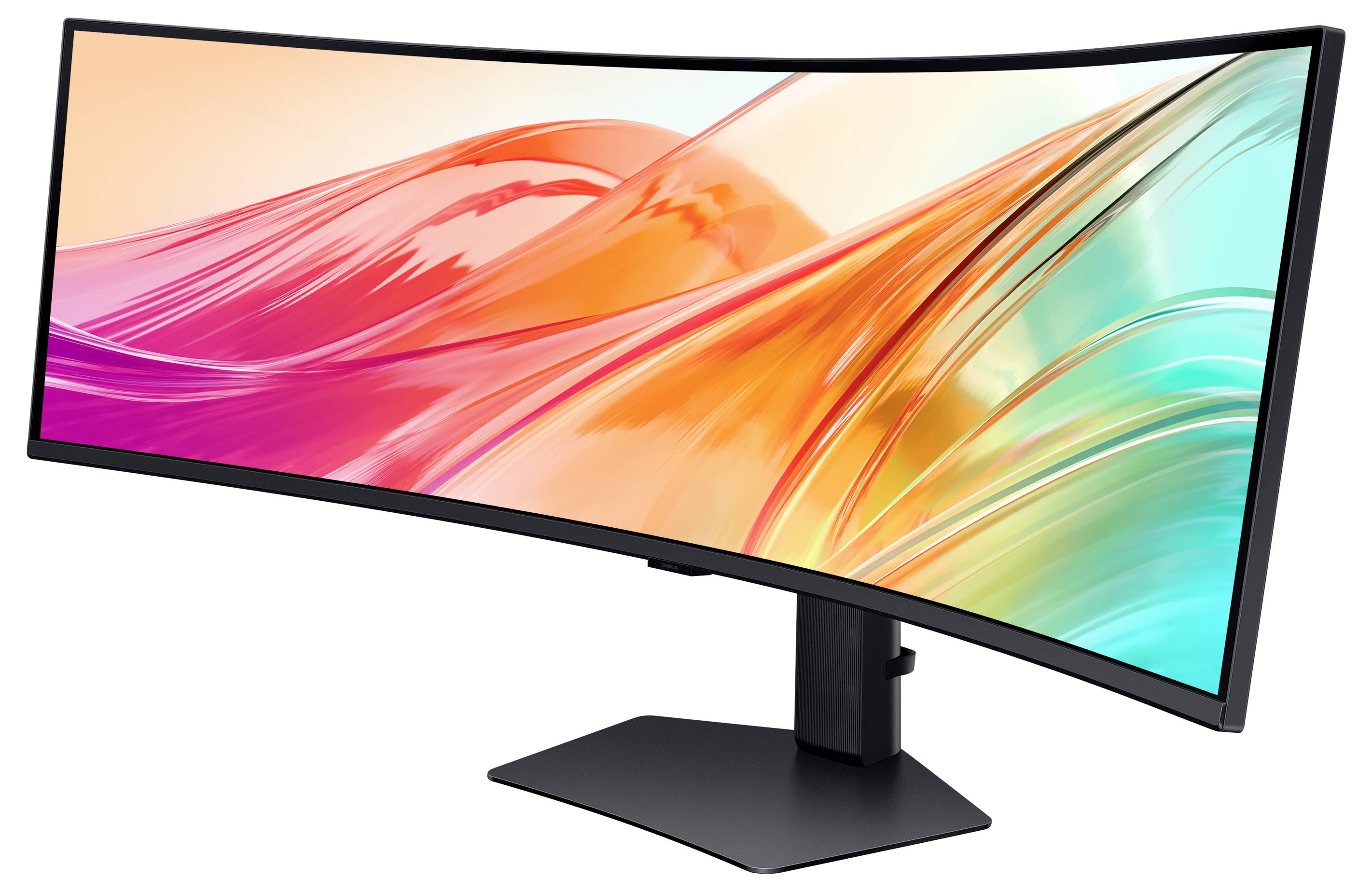 En bred, böjd datorskärm med levande abstrakta färger i rosa, orange och turkos visad på skärmen.