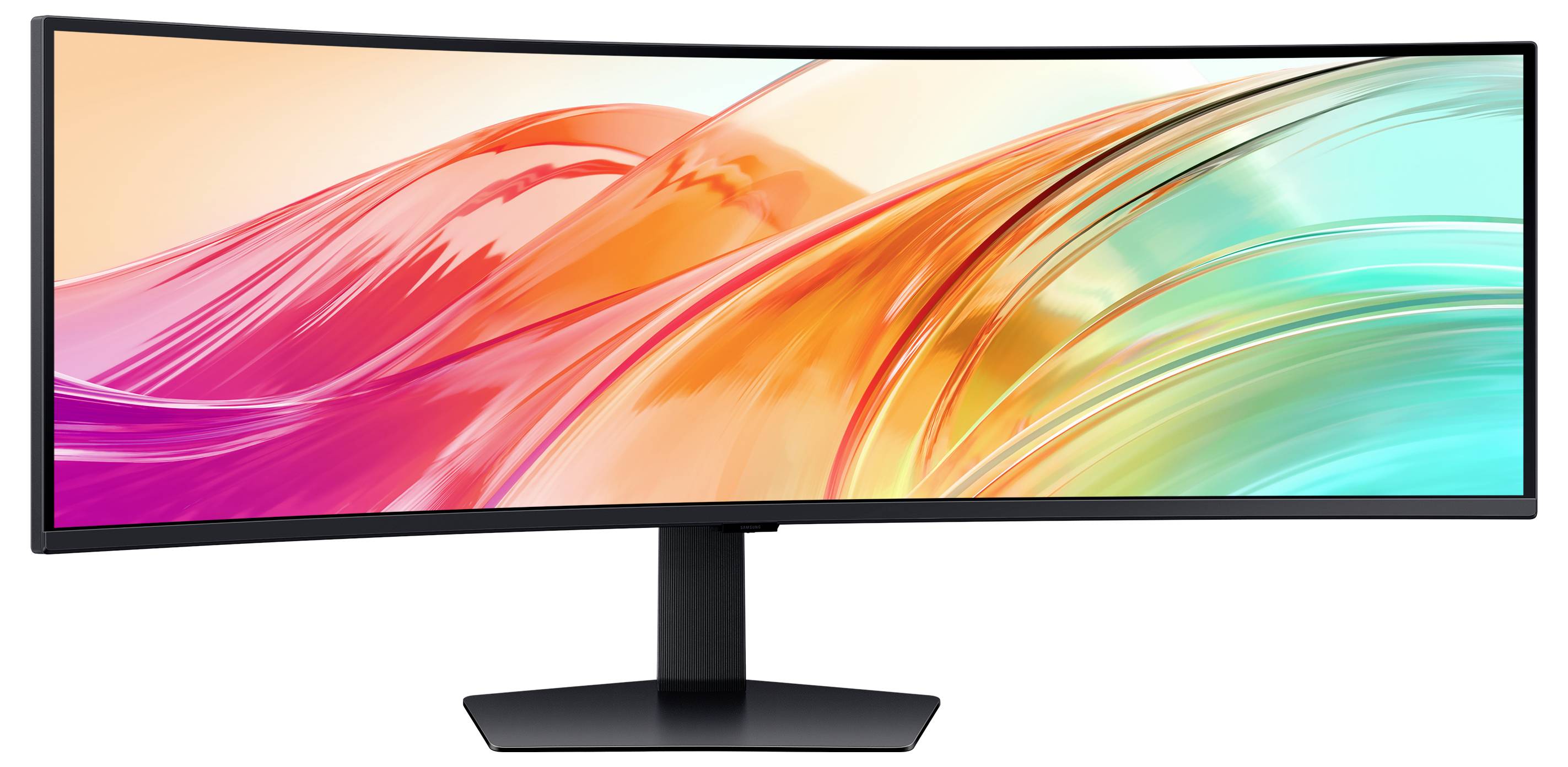 En bred, böjd datorskärm som visar en livlig, abstrakt virvel av rosa, orange och teal-färger på skärmen.