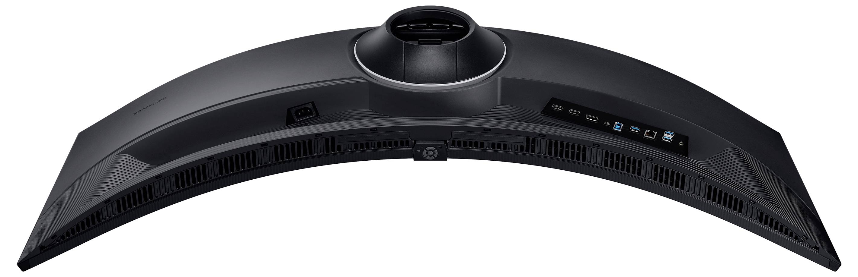 Toppvy av en böjd datorskärm som visar ventilationsgaller, anslutningsportar och ett stativ i mitten.