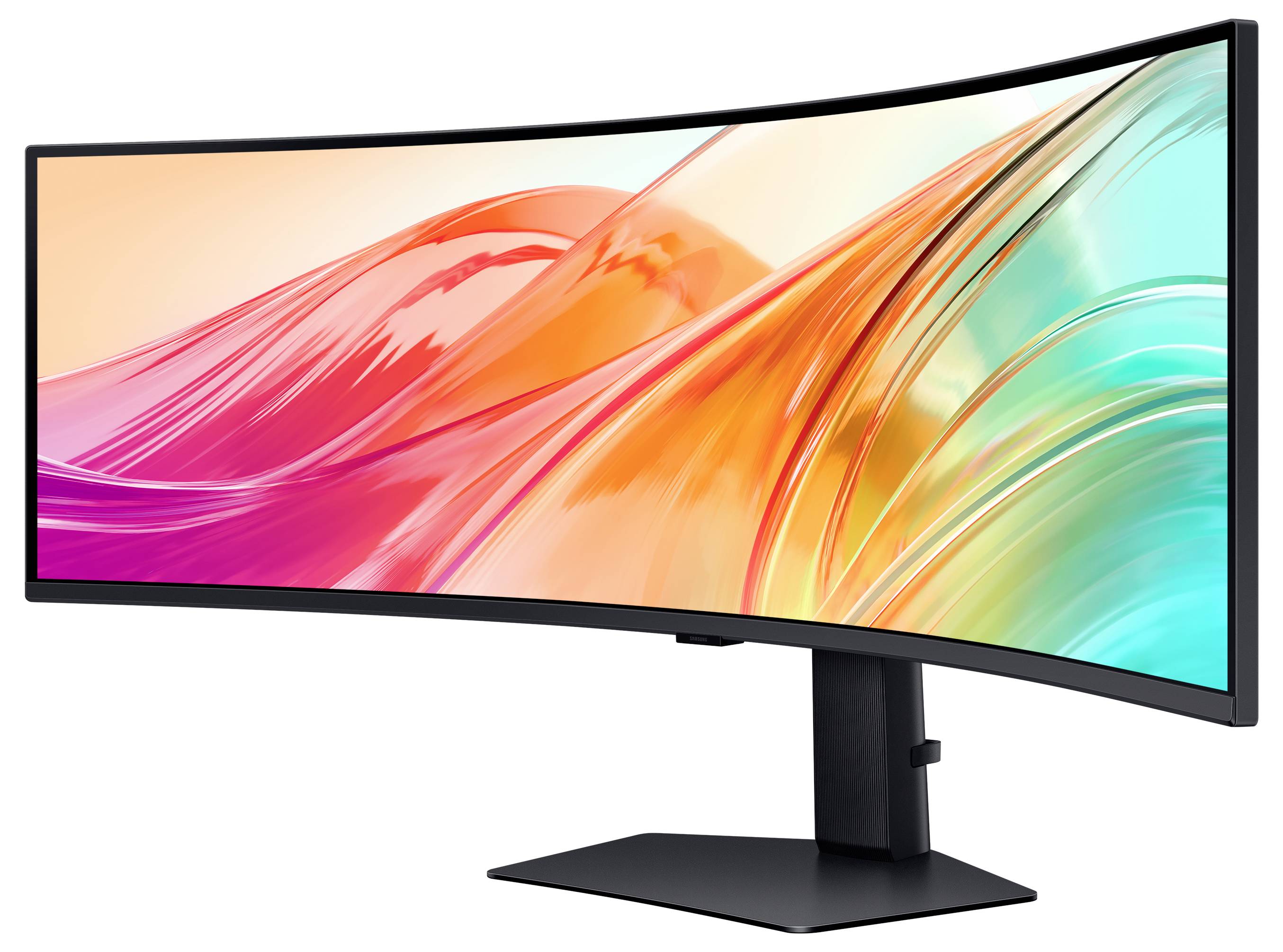 En bred, böjd skärm som visar ett livligt, abstrakt mönster av rosa, orange och teal-färgade virvlar, som symboliserar modern teknologi och design.