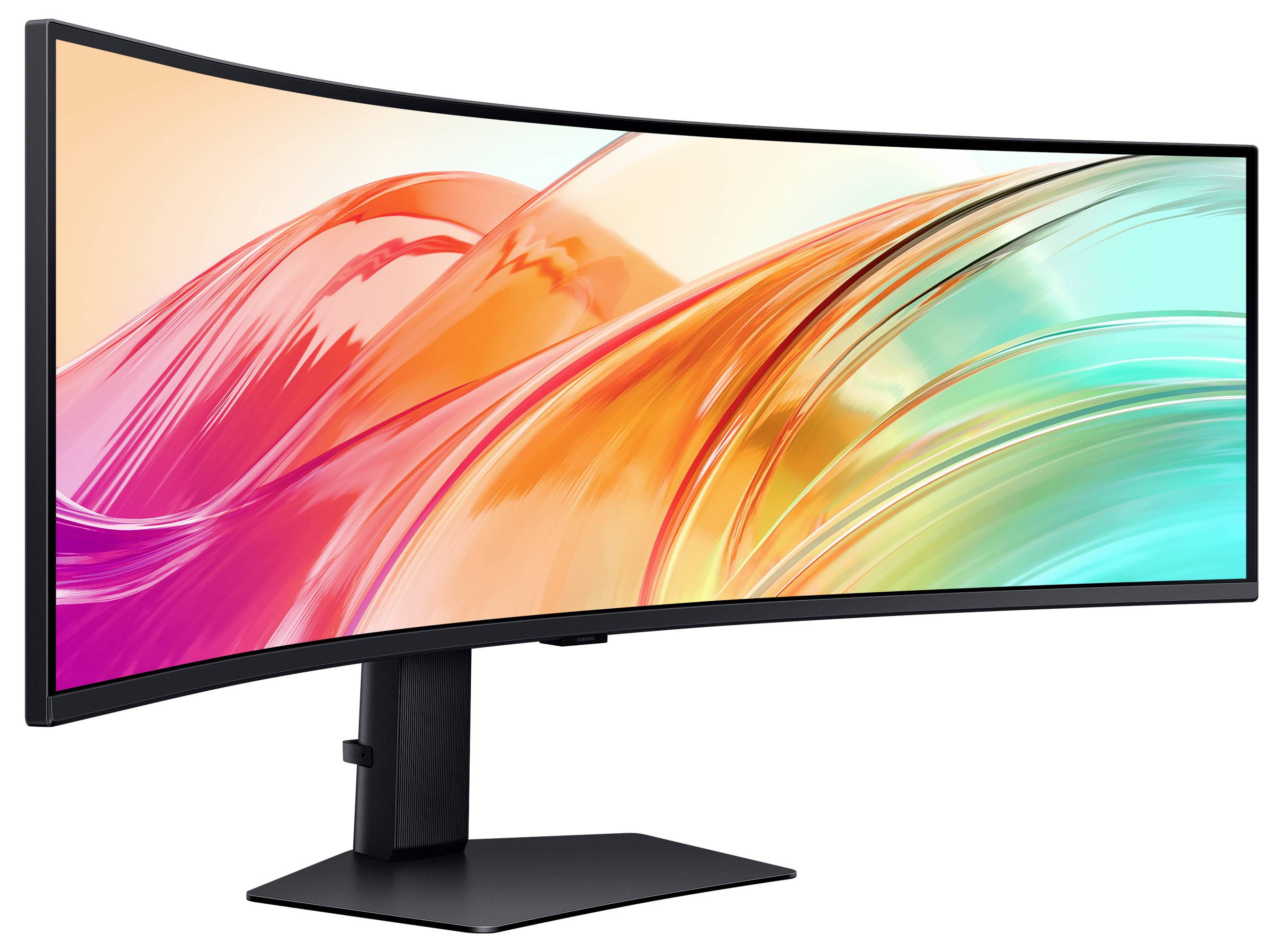 En böjd widescreen-skärm med livliga abstrakta virvlar i rosa, orange och teal på skärmen, placerad på ett elegant, svart stativ.