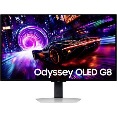 En futuristisk bil far genom en neonupplyst tunnel på en datorskärm som visar texten 'Odyssey OLED G8.'