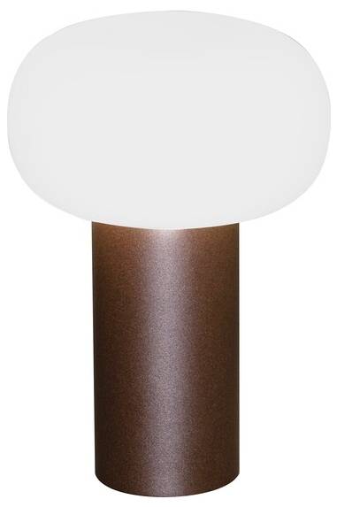 En modern bordslampa med en cylindrisk brun bas och en stor, rund, frostad vit glasskärm.