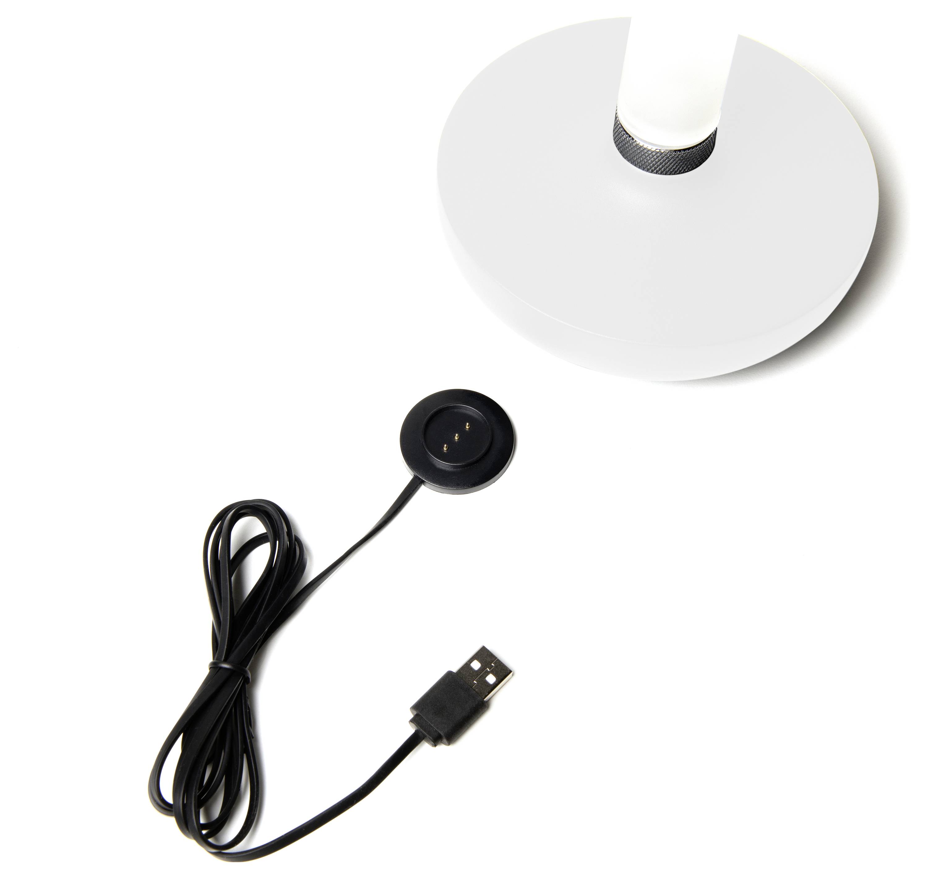 En vit cirkelformad lampa med en USB-sladd och en rund kontrollpanel.