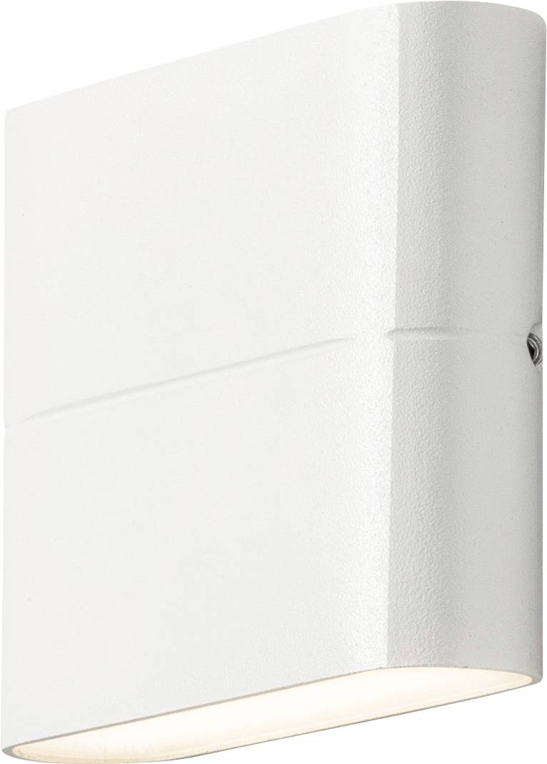 En smidig vit vägglampa med en rektangulär, något böjd design. Avger ljus från nederkanten, perfekt för minimalistisk inredning.
