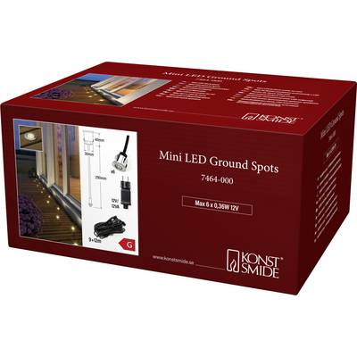'Mini LED Markspotlights, 7464-000, Max 6 x 0.36W 12V'. Förpackningen innehåller bild av markspotlights bredvid ett trätrall och tekniska detaljer.