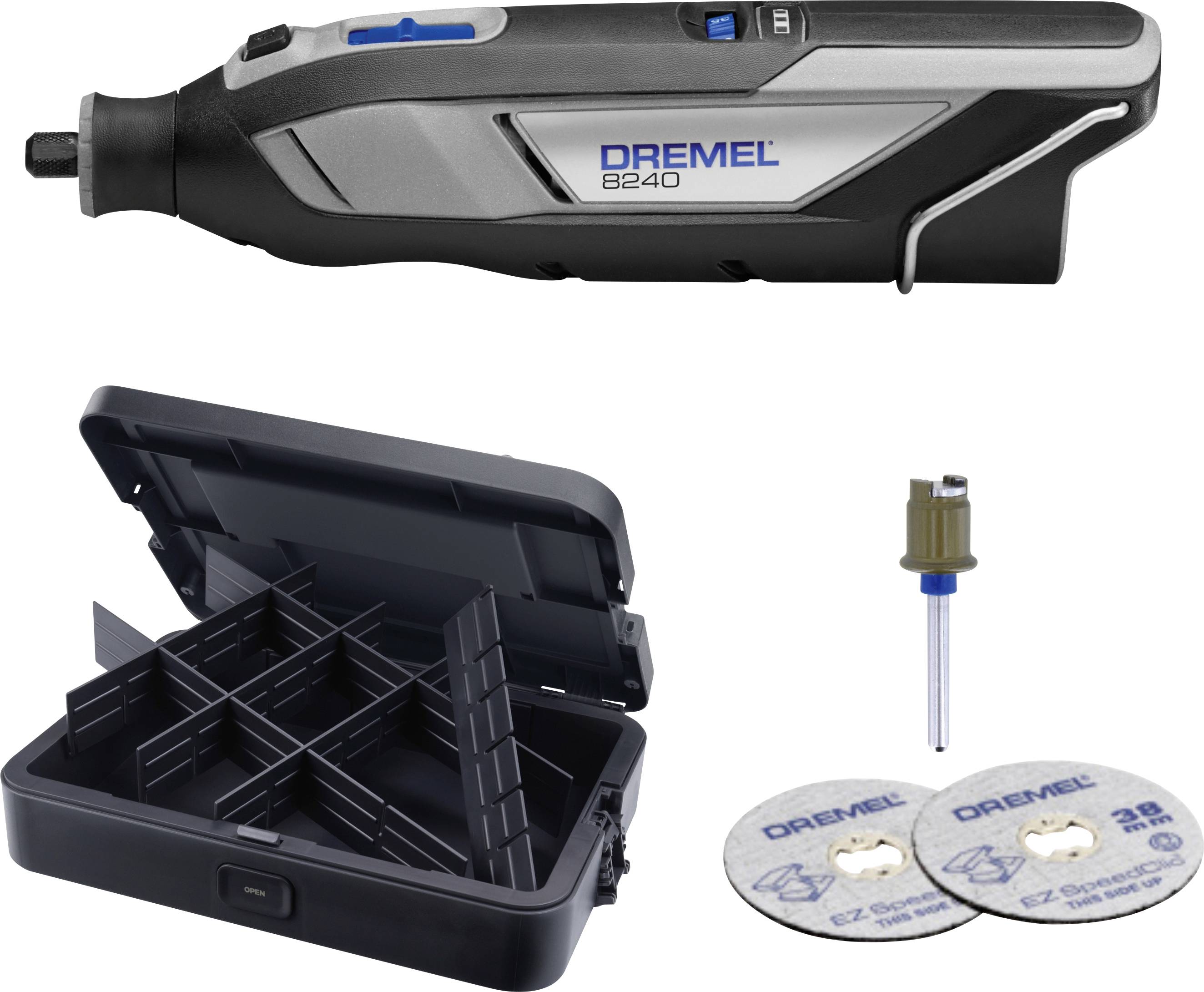 Dremel 8240 sladdlös roterande multiverktyg med förvaringsväska, skärbit och två EZ Lock skivorna visade bredvid varandra.