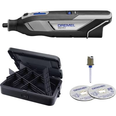Dremel 8240 sladdlös roterande multiverktyg med förvaringsväska, skärbit och två EZ Lock skivorna visade bredvid varandra.