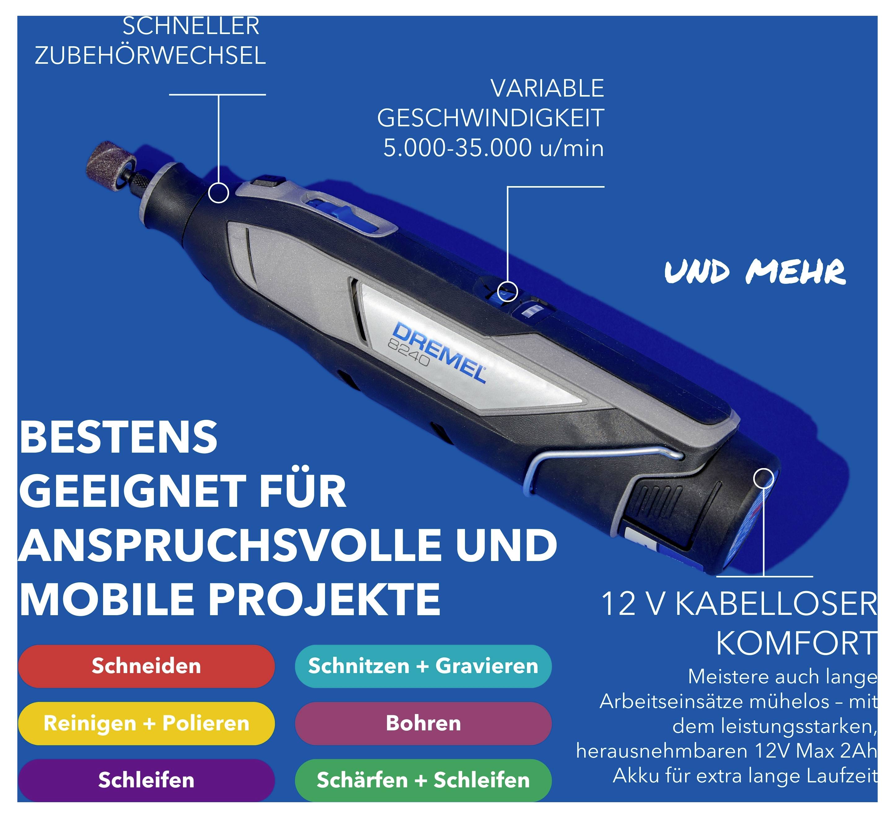 Dremel 12V-verktyg med variabel hastighet, tillbehörsbytarfunktion, lämplig för mobila projekt. Funktioner: skärning, slipning, borrning.