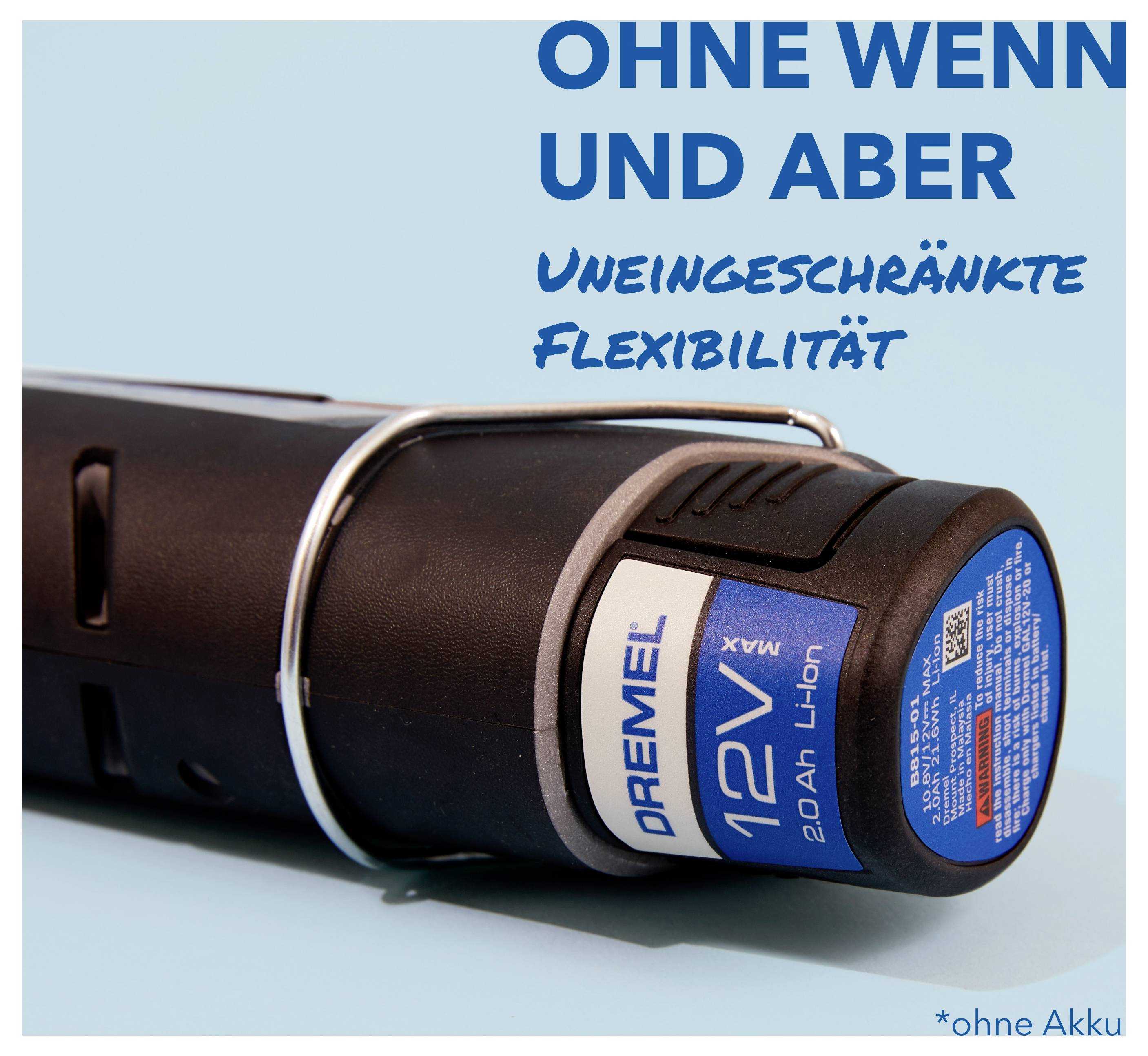En sladdlös Dremel-verktyg med blå och vita detaljer på en ljusblå bakgrund, som marknadsför "obegränsad flexibilitet".