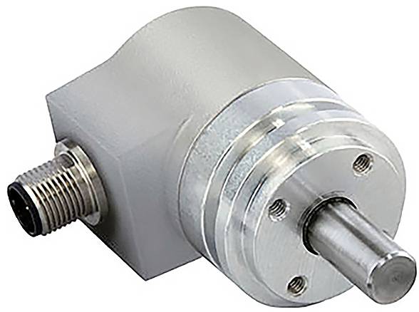 En metallisk roterande encoder med en cylindrisk axel och elektrisk kontakt, använd för att mäta vinkelposition och hastighet i maskiner.