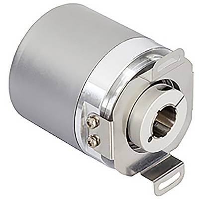 En metallisk cylindrisk encoder med ett centralt ihåligt axelrör och sidmonteringsfästen, använd för exakt rotationsmätning i maskiner.