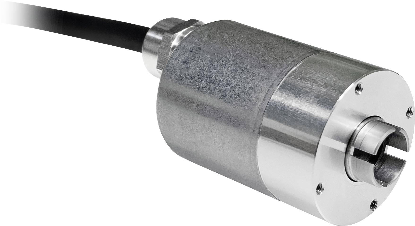 En cylindrisk metallenhet med en kabel ansluten, sannolikt en industriell sensor eller encoder, visad mot en vit bakgrund.