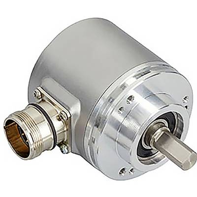 En närbild av en metallisk rotationsgivare som visar dess cylindriska design och anslutningsport, används i maskiner för positionsavkänning.