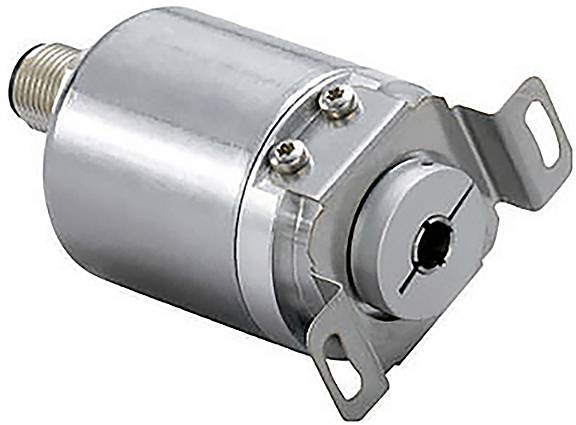 En närbild av en metallic roterande encoder med monteringsfästen och en gängad elektrisk kontakt, använd för exakt positionsavkänning i maskiner.