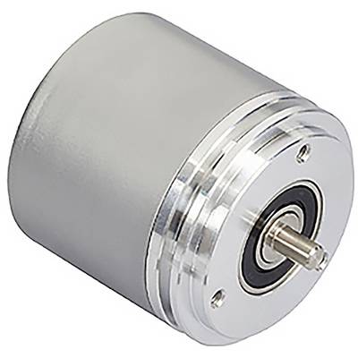 En silverfärgad roterande encoder med en cylindrisk kropp och synlig central axel, avsedd för att mäta position eller rörelse hos ett roterande föremål.