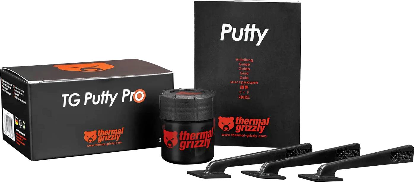 Förpackningen 'Thermal Grizzly TG Putty Pro' innehåller en burk termal pasta, tre appliceringsverktyg och en produktmanual.