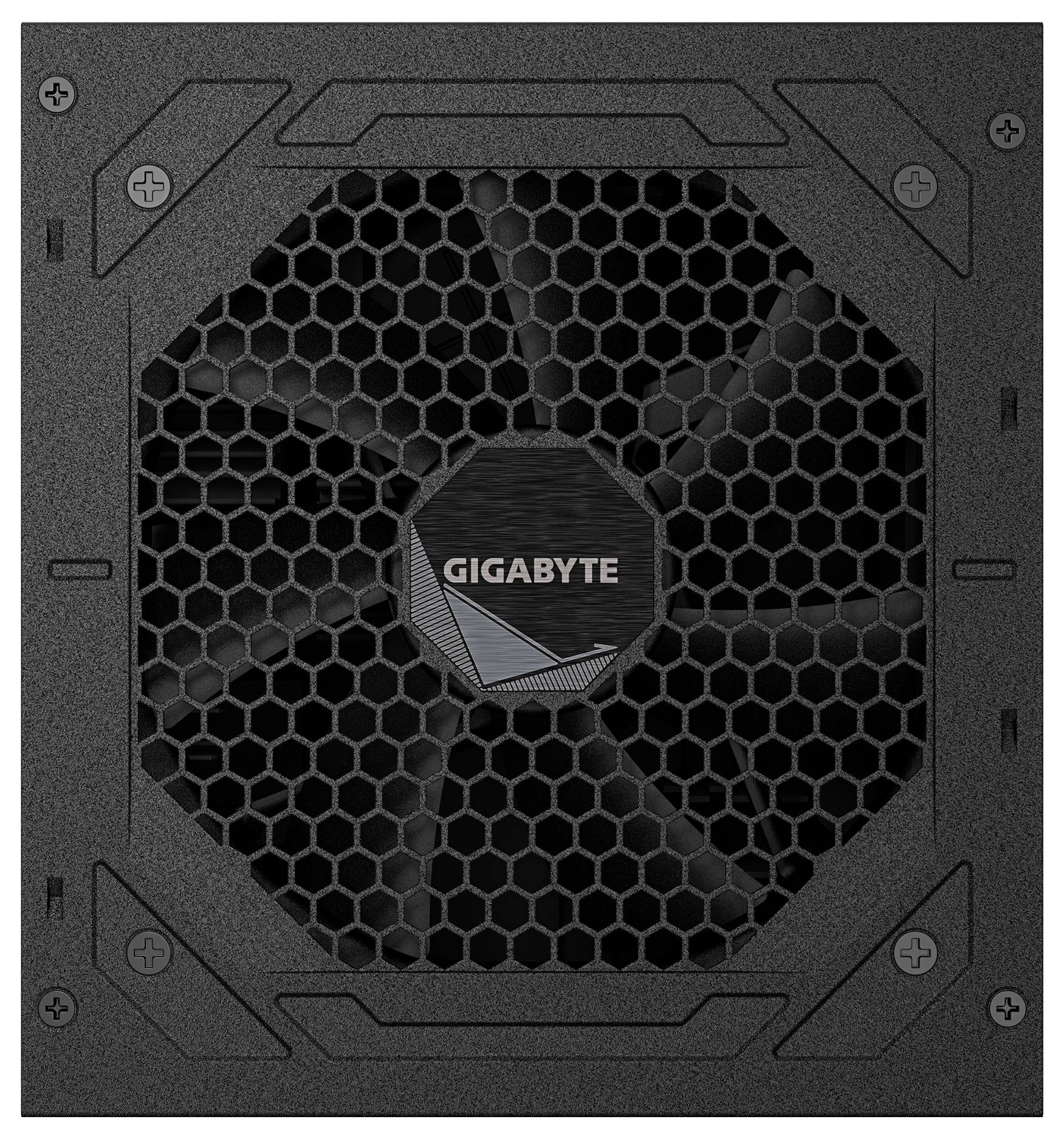 En svart datorströmförsörjningsenhet med en stor central fläkt under ett sexkantigt gallerverk, med varumärkesnamnet 'Gigabyte'.