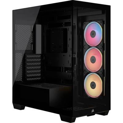 Ett svart datorchassi med en genomskinlig sidopanel som visar tre RGB-fläktar staplade vertikalt framtill.