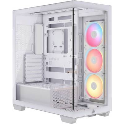 Vitt datorchassi med glassidesida som visar en interiör med RGB-fläktar framtill. Platser för komponenter är synliga.