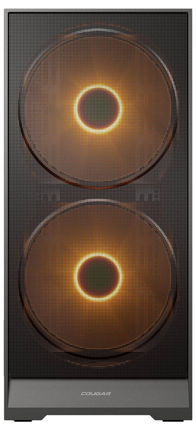 En datorlåda med två stora, upplysta kylfläktar som lyser orange mot en mörk bakgrund. Fläktarna är vertikalt placerade.